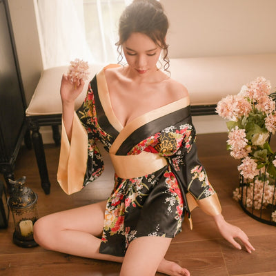 Japanese Style Sexy Nightgown Lingerie Satin Patchwork Nightdress Silk Kimono Bath Robe