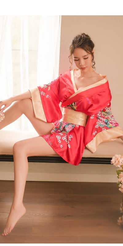 Japanese Style Sexy Nightgown Lingerie Satin Patchwork Nightdress Silk Kimono Bath Robe