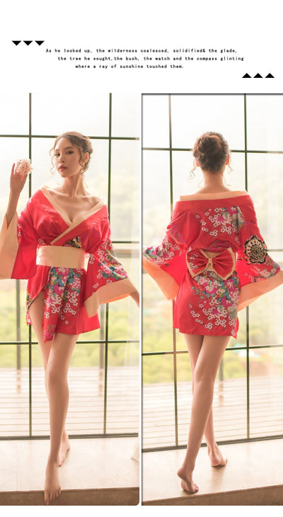 Japanese Style Sexy Nightgown Lingerie Satin Patchwork Nightdress Silk Kimono Bath Robe