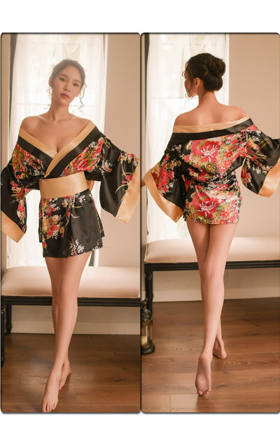 Japanese Style Sexy Nightgown Lingerie Satin Patchwork Nightdress Silk Kimono Bath Robe