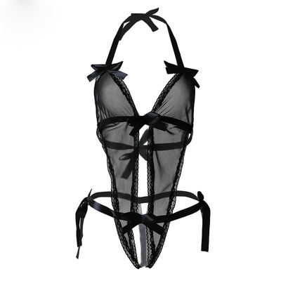 New Black V-Neck Lace Erotic Lingerie Costume, Transparent Babydoll Bodysuit